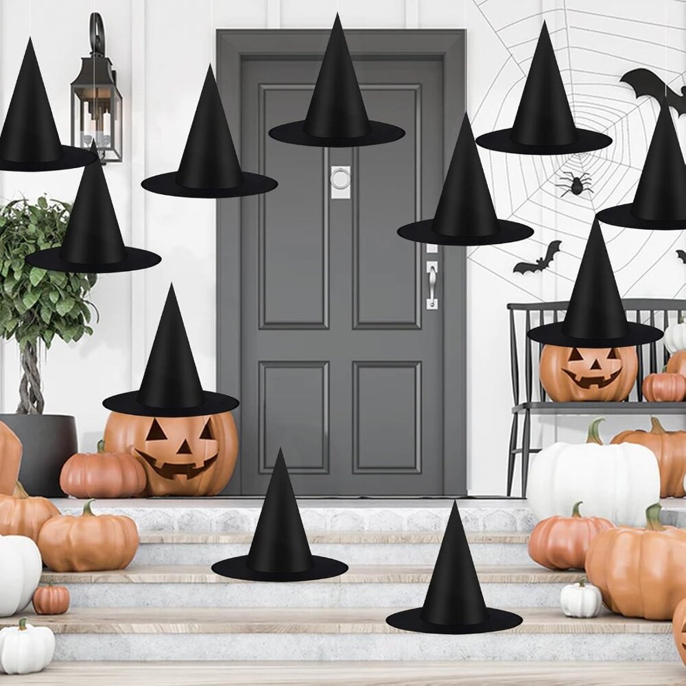 12 Pcs Halloween Decorations Witch Hat Costume Accessory, Thickened Hanging Blac